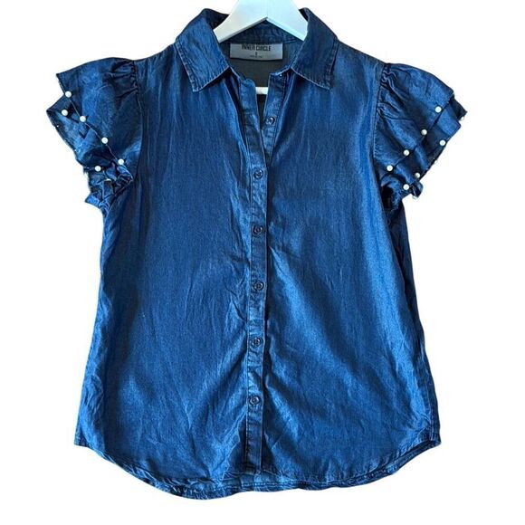 Inner Circle chambray denim ruffle pearl sleeve blouse s - Picture 1 of 9